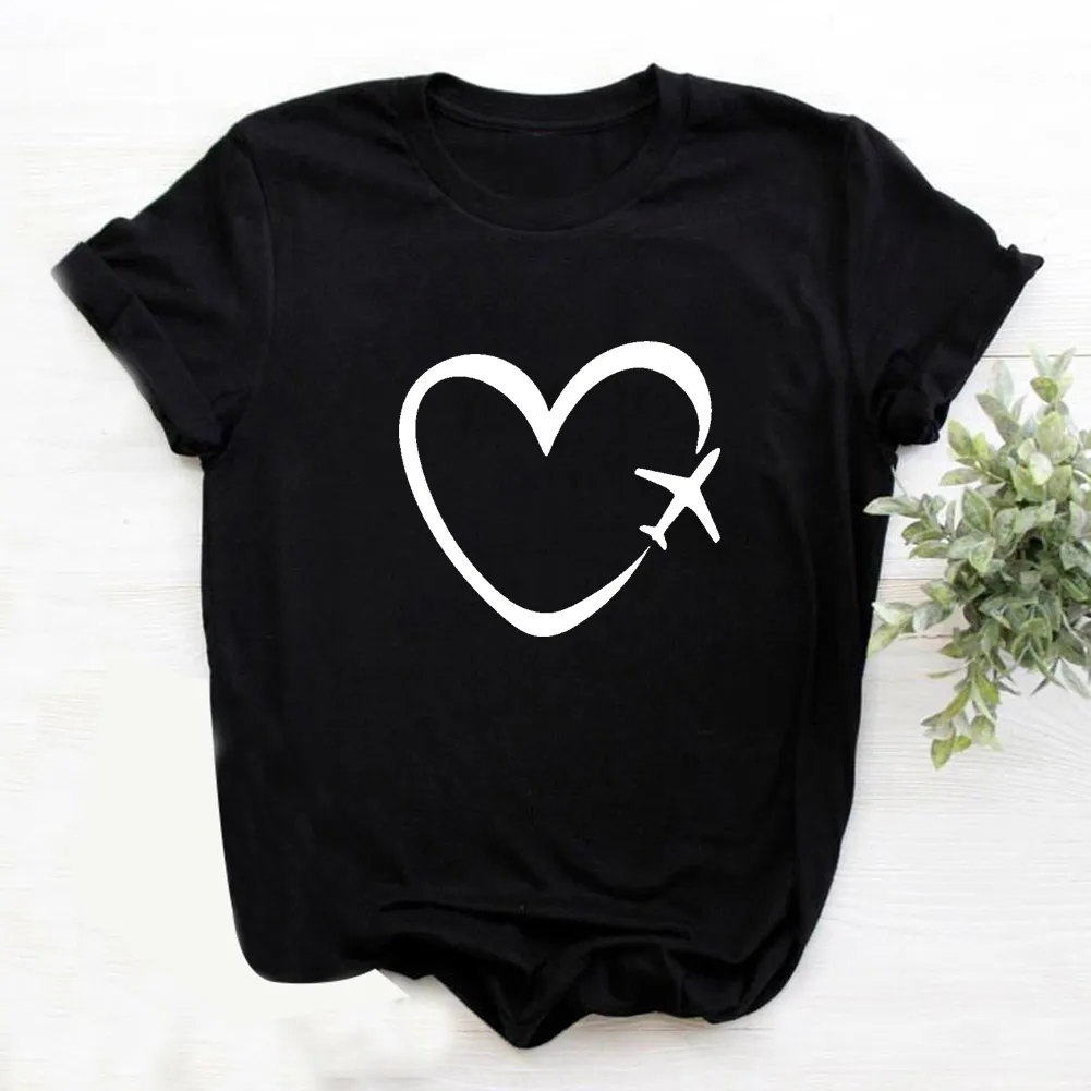 Voyage Plane Coeur Amour Graphique T-shirts D'été Femmes T-shirt En Coton Tshirt Femmes À Manches Courtes Femme T-shirts Noir Camisetas Mujer T200525