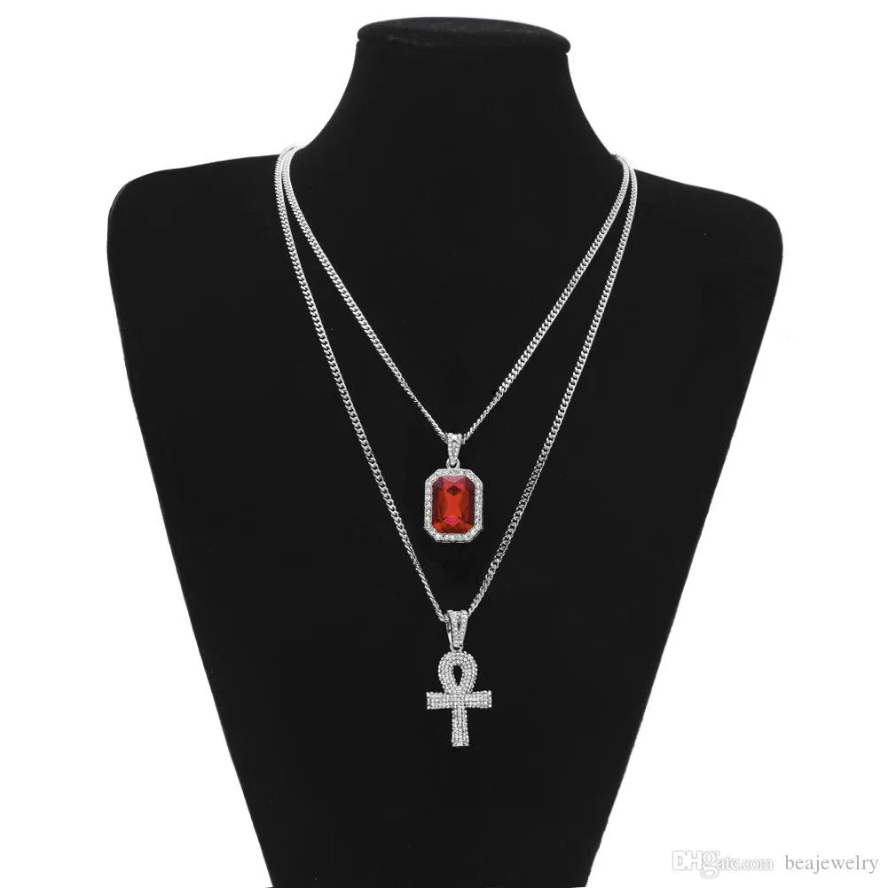 Egyptian Ankh Key of Life Bling Rhinestone Cross Pendant With Red Ruby Pendant Necklace Set Men Hip Hop Jewelry