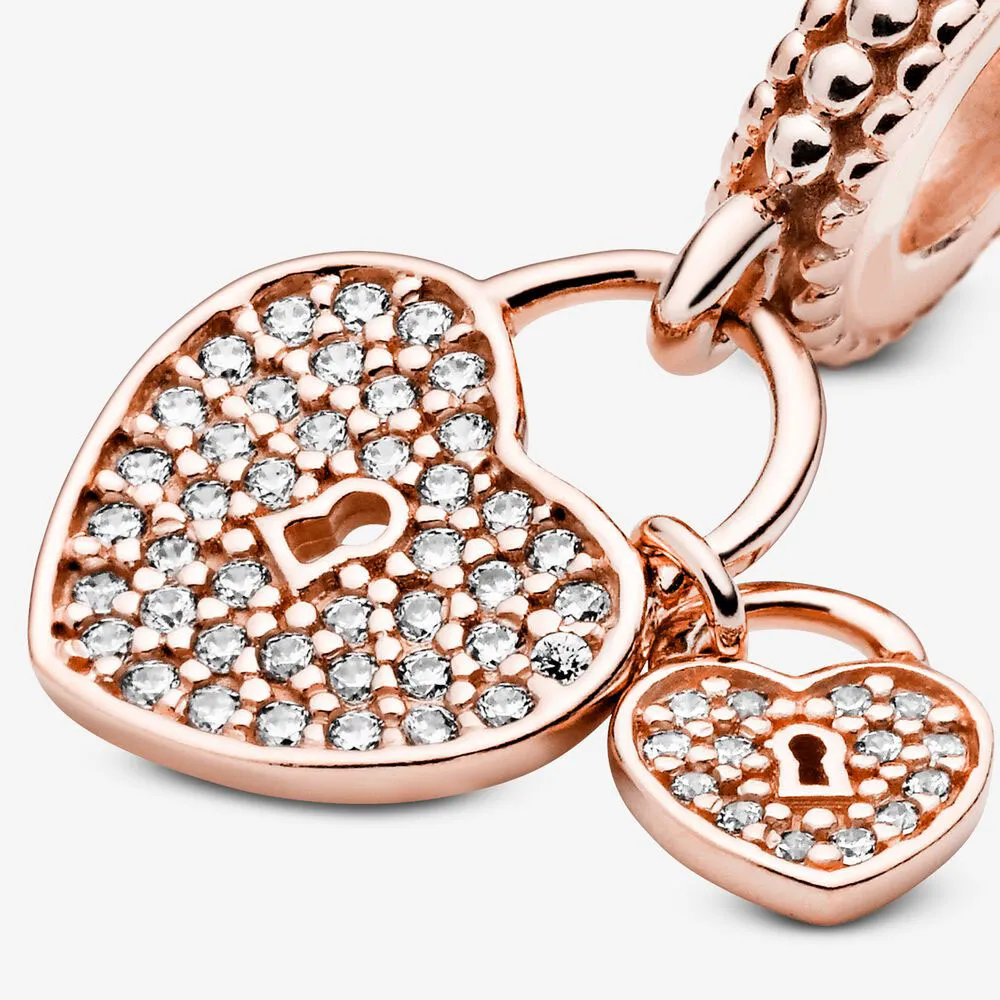 100 ٪ 925 Sterling Silver Pave Heart Starls Dangle Tarms Fit Original European Charm Bracetre