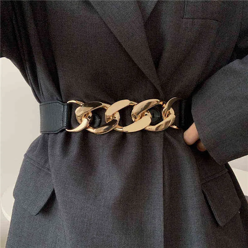 Goldkettengürtel elastischer silberner Metall-Taillengürtel für Frauen Ceinture Femme Stretch-Kummerbund Damenmantel Halskette Riem Bund Y220301