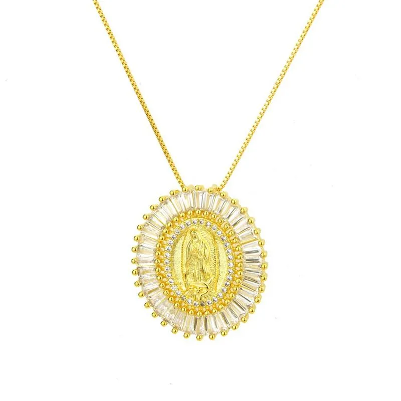 Mother Virgin Mary Pendant Necklace Women Men Christian Cubic Zirconia Statement Necklace Party Collier Femme Jewelry S412436