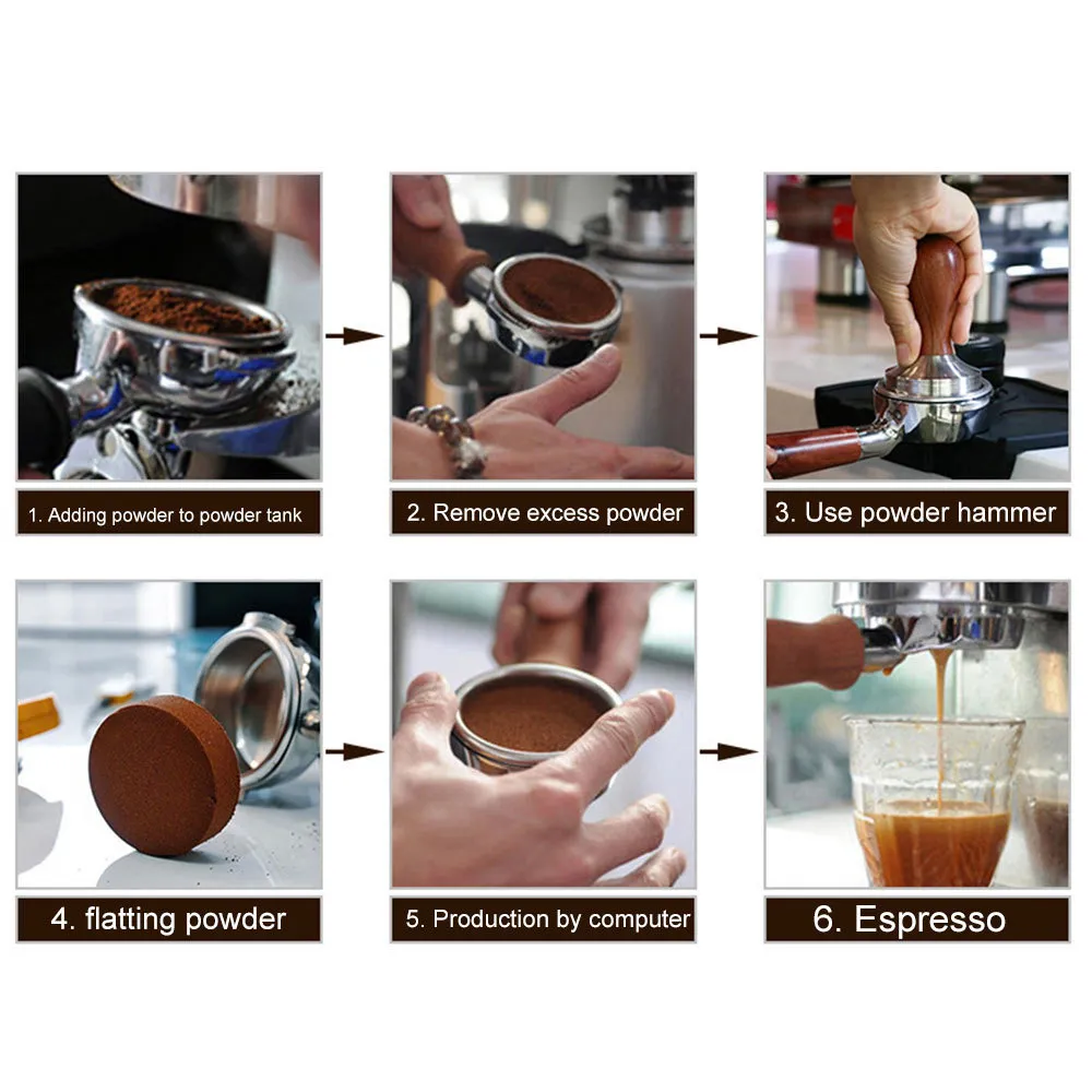 Matkvalitet Kaffet Tamper 51mm 58mm trähandtag Barista Espresso Maker Grinder Steel Handmiterad kaffepulver Maker Flat Base T200523