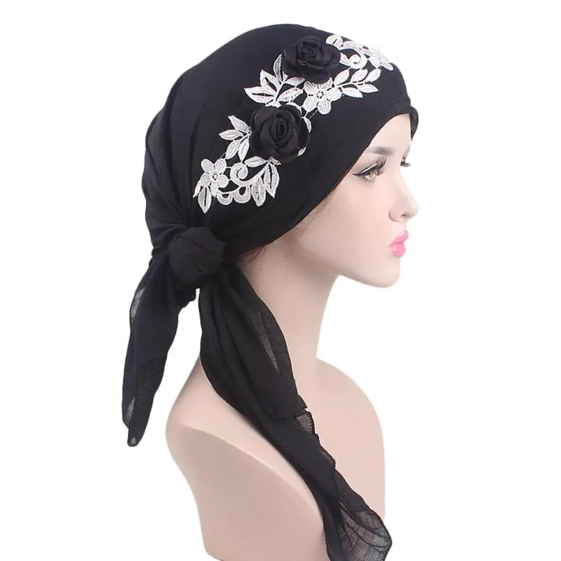 Retro Solid Color Flower Turban Cap Muslim Head Cap Hijabs Muslim Islamic Scarf Scarves for Woman Long Underscarf Turbante 4 11264m