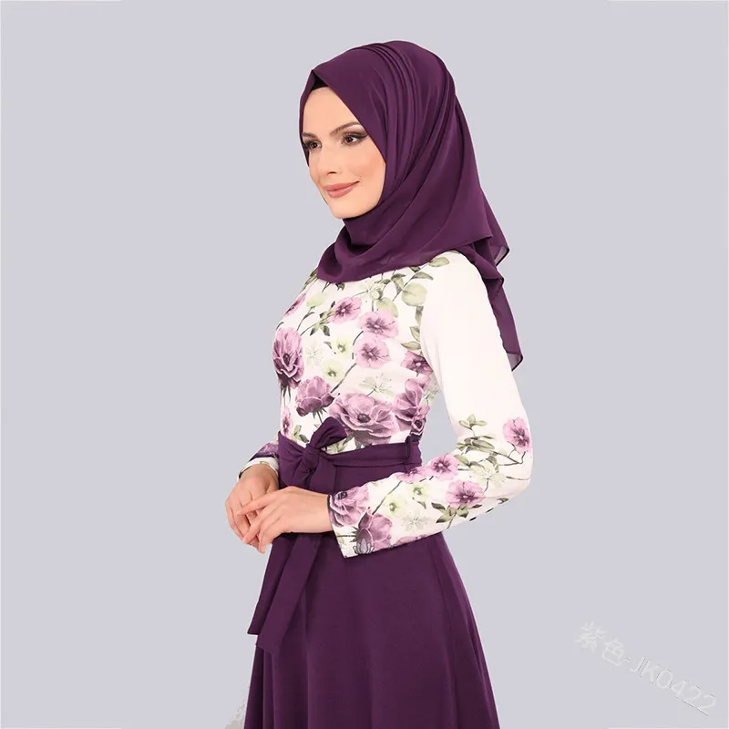 Wepbel Kobiety Muzułmańska Sukienka Kwiatowy Drukowane Plus Rozmiar Abaya Bow Długi Rękaw Robe Arab Dubaj Wysoka Talia Patchwork Maxi Dress F1130