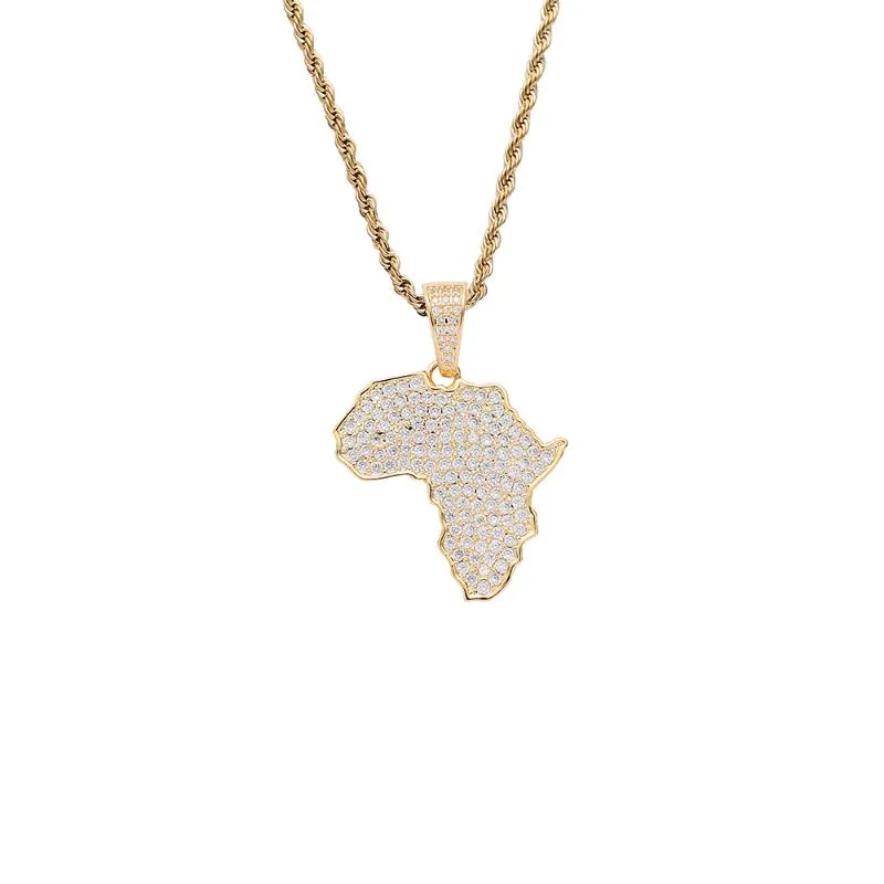 Chaînes en cuirs CZ bijoux africa carte pendentif pendant glacé hors zircon cubique collier hip hop bijoux CN237323p