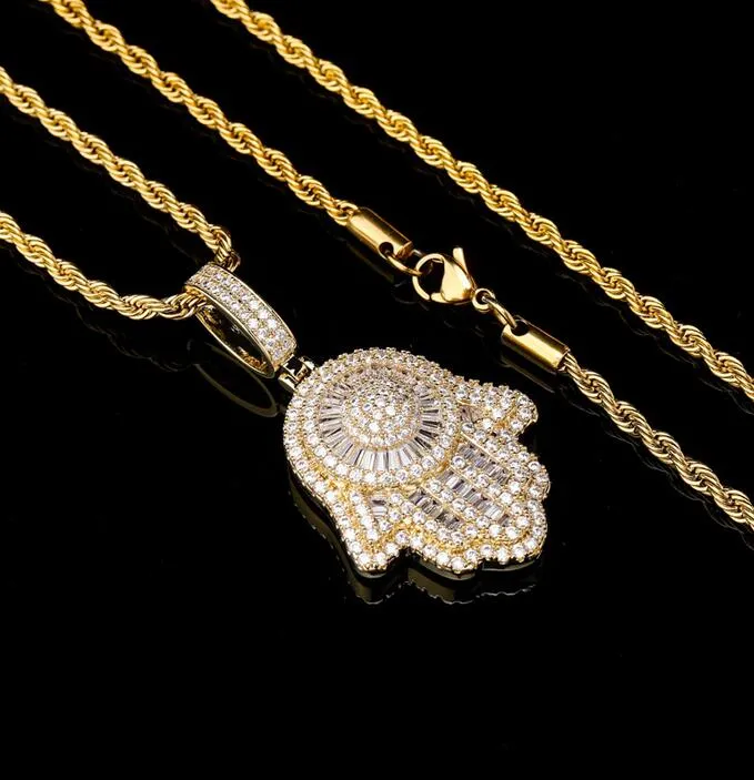 Iced Out Hands of Fatima Hamsa Pendant Collier CZ Copper Top Quality Cumbic Zircon Bling for Men Women Women Hip Hop Cadeaux 313L