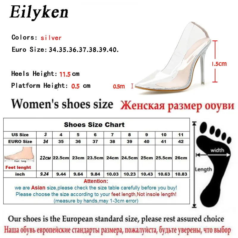 Eillken Fashion Sexy прозрачный Crystal High каблуки насосы накачки заостренный носок свадебные вечеринки обувь для тонких каблуков серебряные женщины размер 41 42 J1215