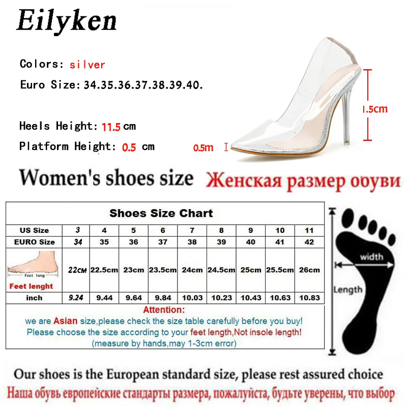 Eilyken 패션 섹시한 투명한 크리스탈 하이힐 펌프가 뾰족한 발가락 웨딩 파티 신발 얇은 발 뒤꿈치 실버 여성 크기 41 42 J1215