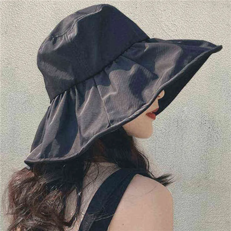 Verão Fino Sun Proteção Chapéus Para Mulheres Senhoras Coreano Big Brim Pescador Sunshade Chapéu Verão Preto Gum Sunshade Hat G220311