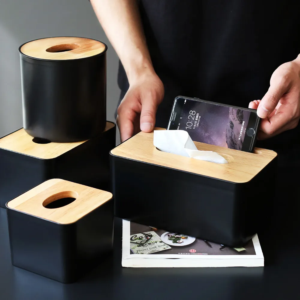 Современные контейнеры для салфеток черного цвета с держателем для телефона, деревянная крышка, тип сиденья, рулонная бумага, канистра для салфеток, ватные диски, ящик для хранения Y20241C
