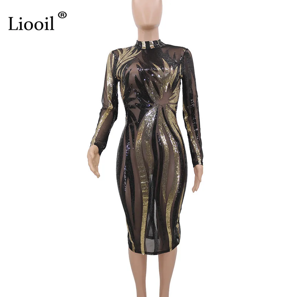 Zwart en Goud Pailletten Jurk Mesh Bodycon Midi Sexy Club Outfits 2020 Lange Mouwen See Through Strakke Jurken Vrouw party Night LJ200818