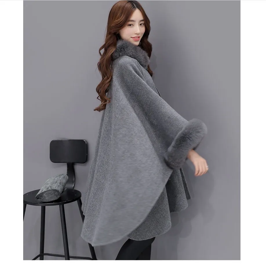 Ponchos und Capes Frauen Weihnachten Mode Flare Hülse Faux Fuchs Pelzkragen Winter Wolle Mantel Cape Mantel Poncho Langmantel 201028