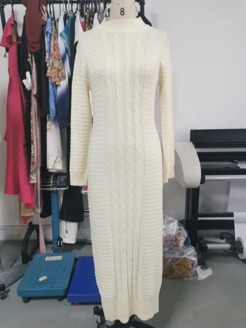 Vinter tjockna Turtleneck tröja Maxi klänning Kvinnor spets upp stickad lång klänning Kvinna Knitwear Soft Vestidos 2020 Högkvalitativ F1212