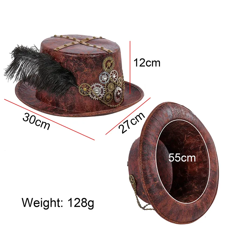 Steampunk retro czapki karnawałowe cosplay łańcuch bowler belark dekoracje piórkowe imprezowe czapki halloween brązowe okrągłe czapki dla mężczyzn kobiety t200223e