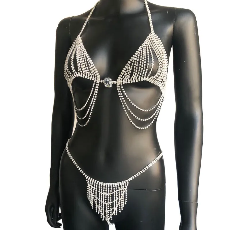 Super Flash bijoux de corps strass ventre chaîne ensemble coincé diamant gland costume Sexy plage Bikini costume