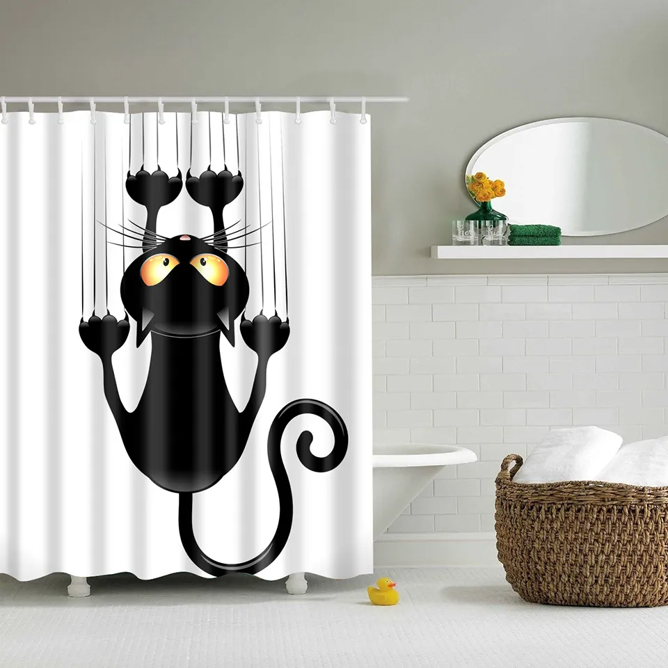 ユニコーンと猫の印刷されたシャワーカーテンの高品質の冒険バスルームの装飾フックを防水T200624252N