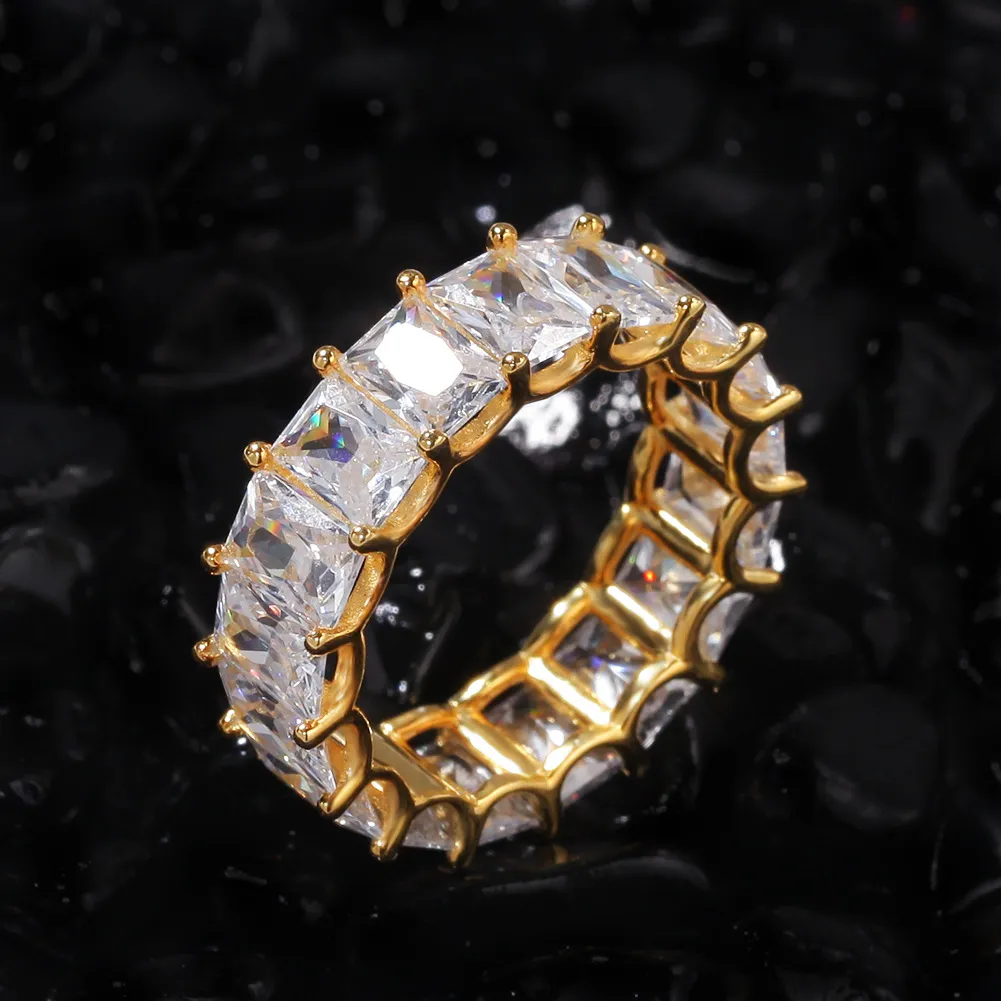 Europejski i amerykański Pierścień Srebrnego Cyrkonu Srebrny Nowa osobowość Trapezoidalna cyrkonium Prawdziwy złoto Plaked Hip-Hop Ring244m
