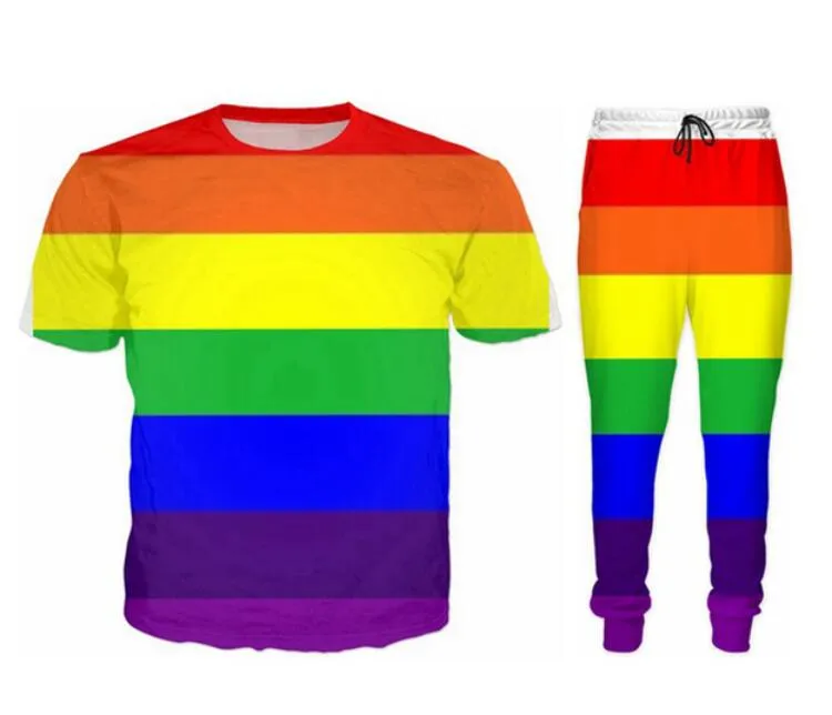 All'ingrosso - 2022 New Fashion Casual Rainbow 3D All Over Print Tute T-Shirt + pantaloni da jogging Tuta da donna Uomo @ 015