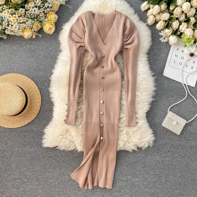 Croydier Sweter Sukienka Sukienka Damskie Puff Długim Rękawem V Neck Button Vintage Eleganckie Dzianiny Midi Suknie Szczur Sexy Bodycon Dress Y0118