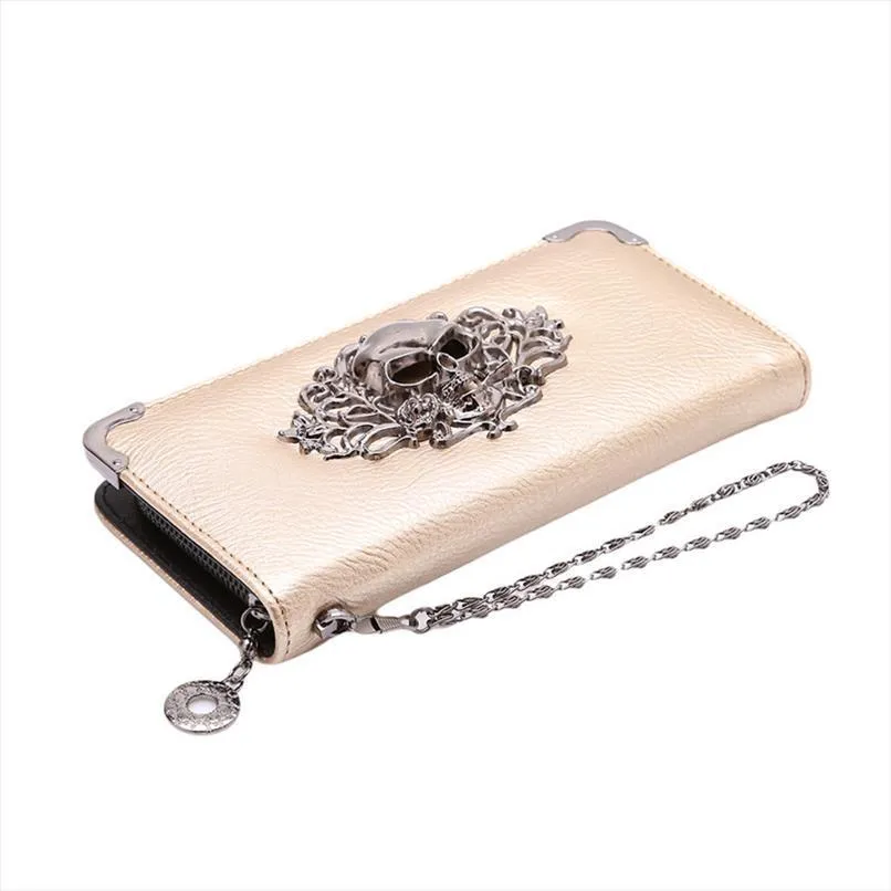 2020 Nytt metallskalle mönster Long Wallet Handväska dragkedja skelett handväska kopplingskort hållare plånbok kvinnor carteira feminina3151
