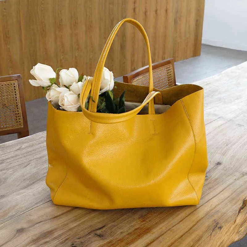 Shopping Bags Shopping BagsNew Femmes De Luxe Casual Fourre-Tout Femme Jaune Citron Mode Épaule Sac À Main Lady Vachette En Cuir Véritable 220301