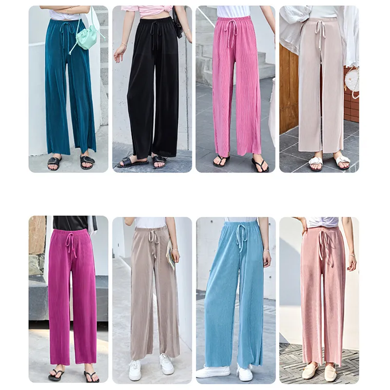 Women s Pants Ice Silk Elastic Trousers Wide Leg Long Pants Straight Loose Plain Solid Casual Summer Korean Female LJ201103