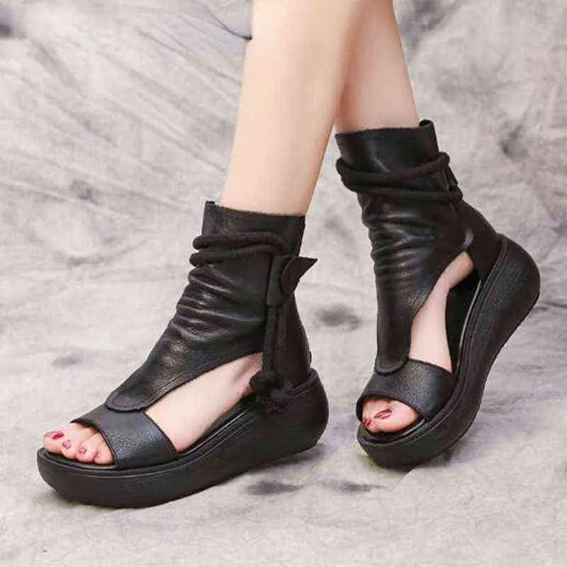 Sandals Hot 2022 New Summer Black Women Leather Cool Boots Platform Shoes Wedges Fashion Outdoor 220121