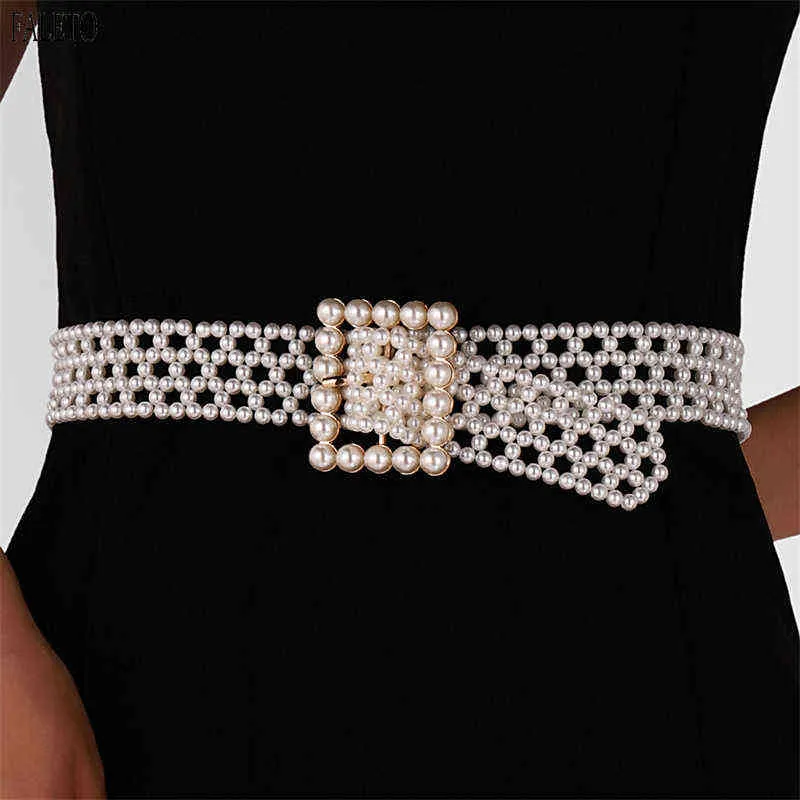 Faleto Women Pearl Waist Belt Elastic Wedding Bridal Belt with Rhinestone Crystal Sash Bridesmaid Dress Belt Elegant Waistband G220301