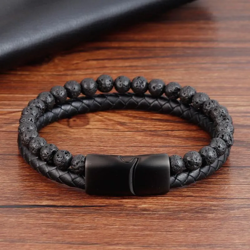 Men Beacelets Natural Volcano Stone Leather Magnetic-clasp Cowhide Braided Trendy Bracelet Armband Pulsera Hombre Drop2156