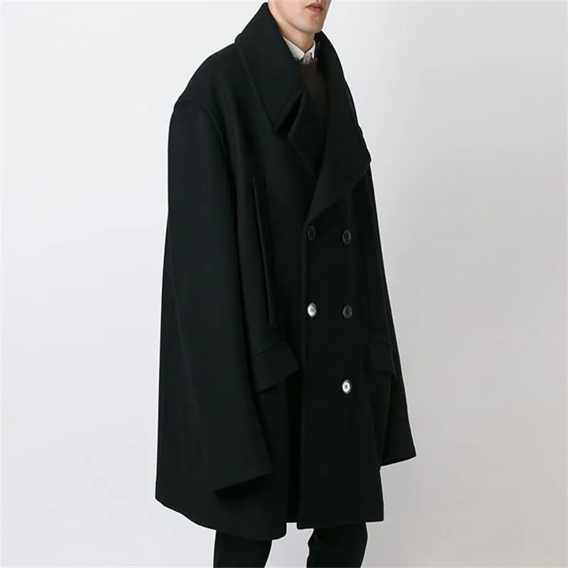 Manteau Mauni pour homme manteau oversize super ample mi-long double boutonnage grand revers noir LJ201110