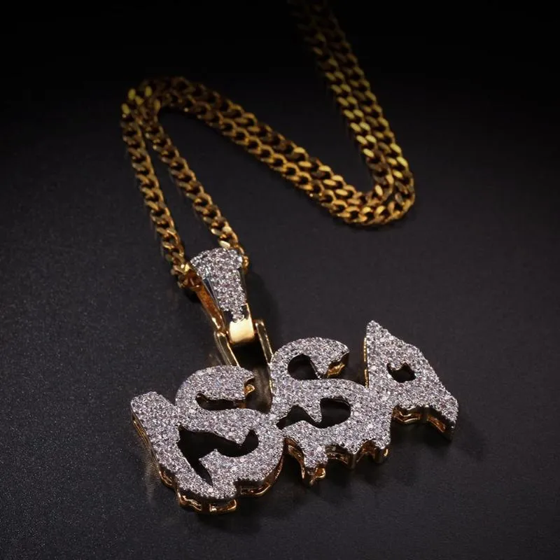 Hip Hop Micro Pave Green Cubic Zirconia Bling Out Issa Letter Pendants Necklace For Men Rapper Jewelry Gold Color298w