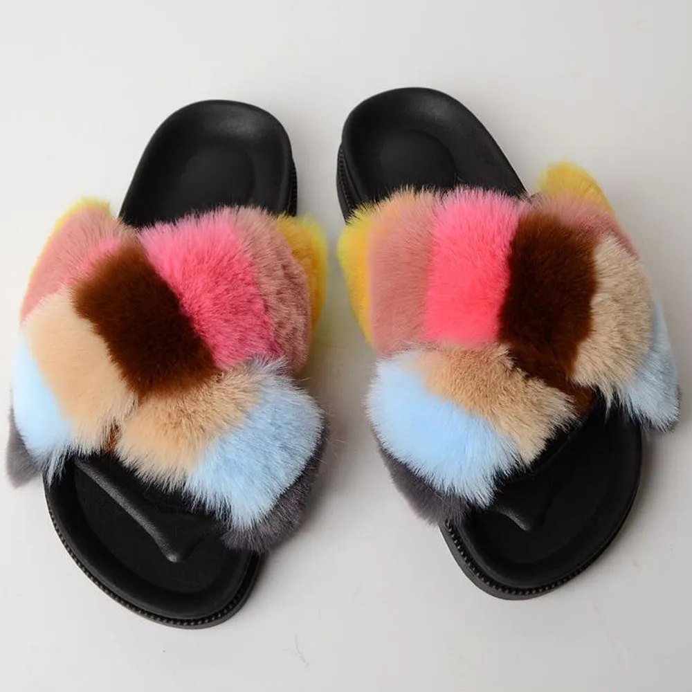 Women's Fox Fur Sliders Furry Faux Fur Sandals Fluffy House Slippers Rainbow Fur Slides For Women Ladies Fuzzy Home Flip Flops Y1123