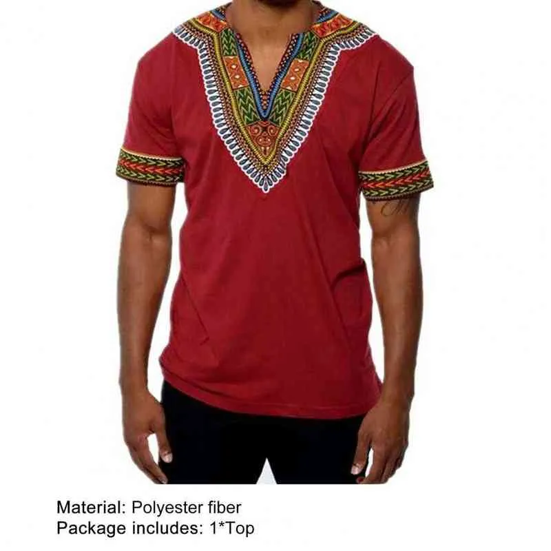 ファッション男性Dashiki TシャツVネックプリントトップスアフリカ民族半袖ブランドTシャツ男性アフリカの服2021 S-5XL Y220214