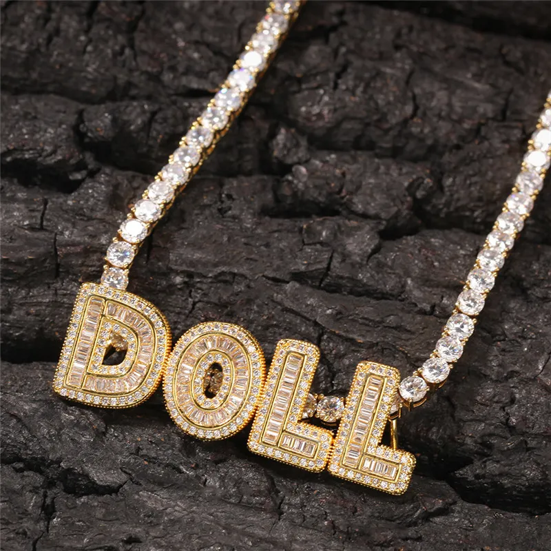 Hip Hop Custom Name CZ Letter Pendant Necklace 4mm 20inch CZ Tennis Chain Halsband Guld Silver Bling Zirconia Men Pendant 270m