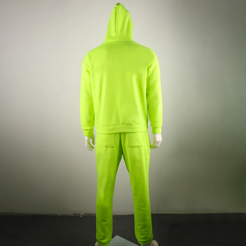 Omsj mode neon stil mens sätter fluorescens grön hooded sweatshirt + sweatpants två stycken höst vinter casual tracksuit 210517