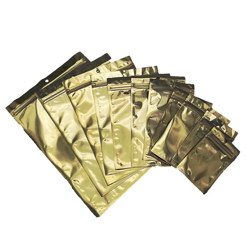 Kleine Grote Maten Goud Gouden Self Seal Zakken Doorzichtige voorkant voor Zip Hersluitbare Plastic Retail Verpakking Zakken Rits Lock Mylar Bag Pakket Pouch