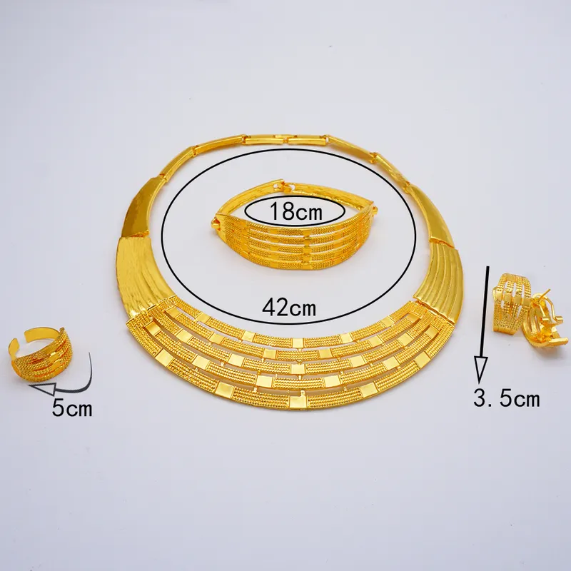 Afrikansk 24k guldfärgsmycken för kvinnor Dubai brudbröllopspresent Choker halsband armband örhängen ring smycken set 22028368015