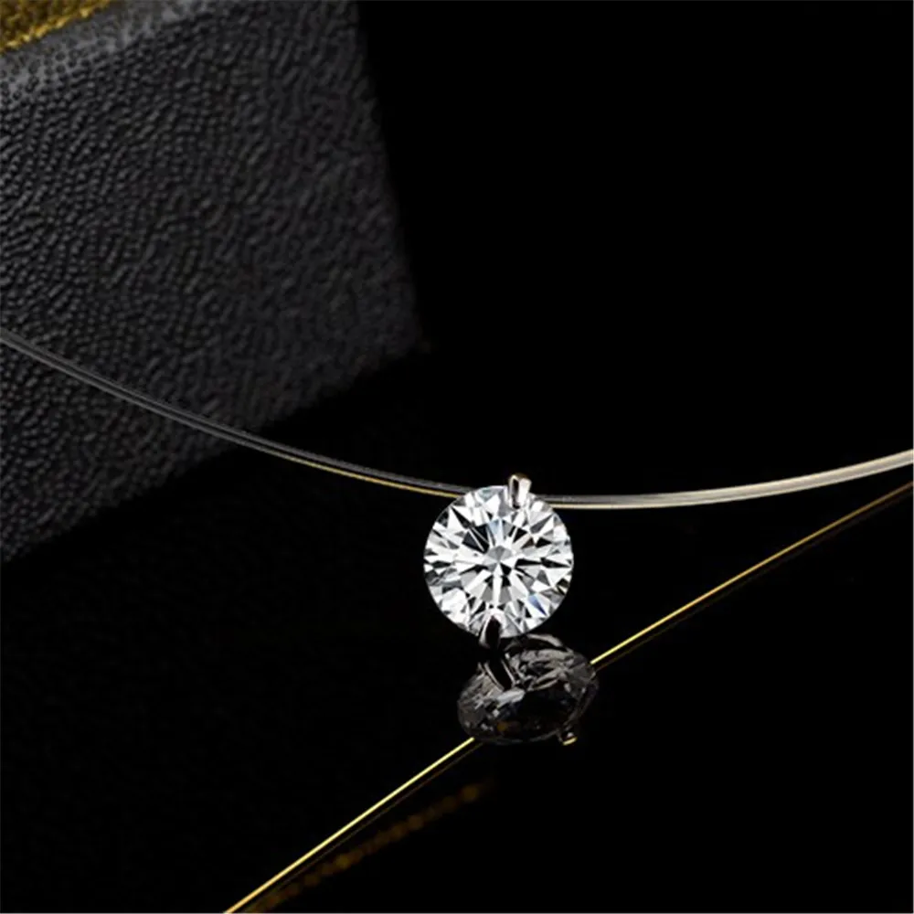 Kobiety Niewidzialny srebrny naszyjnik wisiorek uchwyt ozdobiony kryształami z przezroczystą linię połowową Rovski -x1435633434