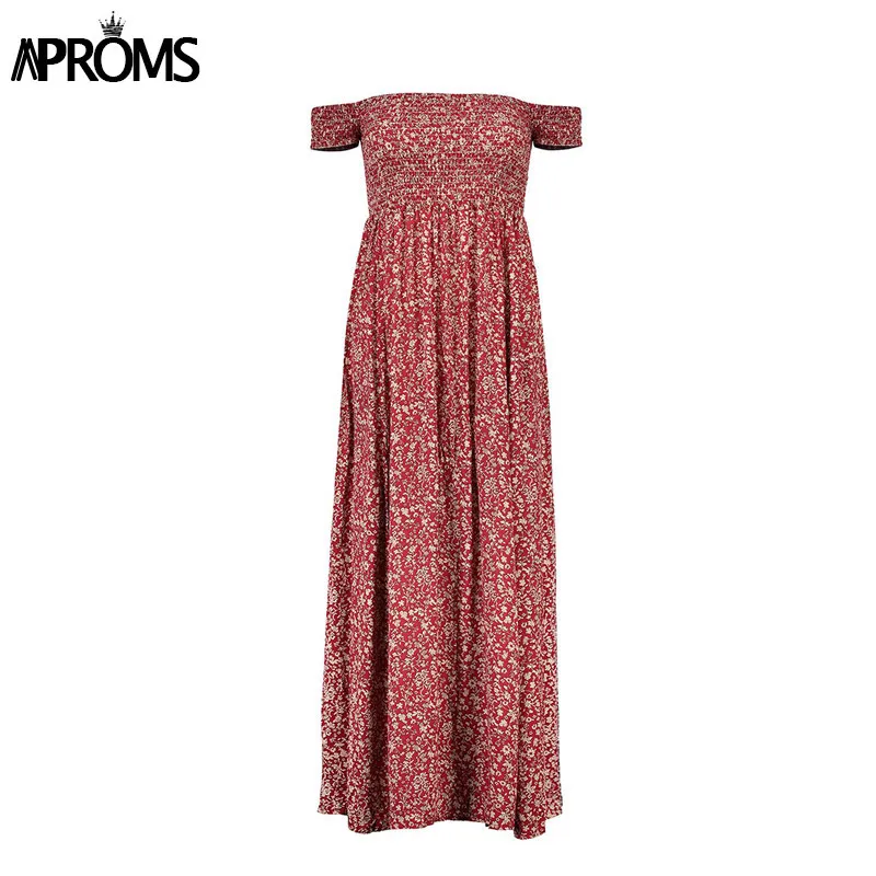 APROMs Doces de túnica plissada de túnica maxi Vestido floral vermelho fora do ombro Dresso de praia High Split Summer 2020 Boho Cool Girlsresses T200604