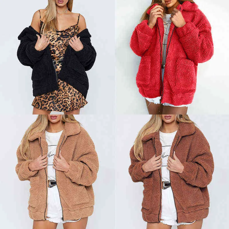 冬のテディコート女性フェイクファーコートテディベアジャケット濃い暖かいフェイクフリースジャケットふわふわジャケットプラスサイズ3xlオーバーコート220112