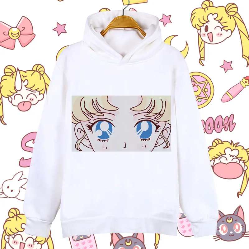 Fashion Sailor Moon Bluzy Kreskówka Kobiety Długie białe nadruk Kawaii Płaszcz Bluza zagęszcza z kapturem harajuku rękawa pullover luźna m3447157