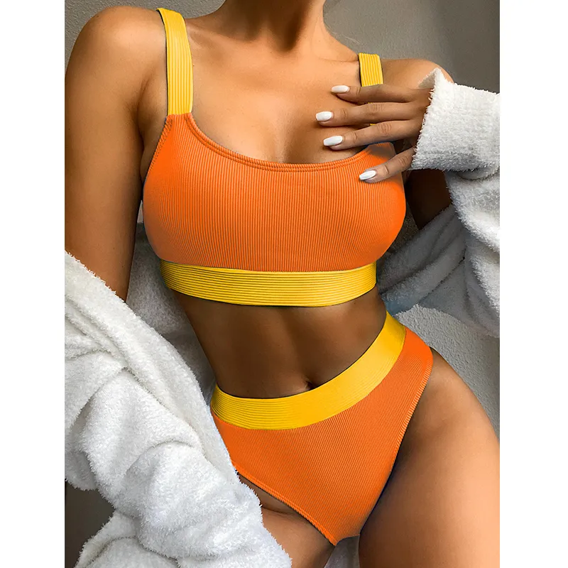 Splicing High Taille Bikini's 2020 Mujer Sexy Ribbed Swimsuit Women Swimwear Sports Bikini Set Bandeau Swim Suit Bathing Suit Nieuw T200708