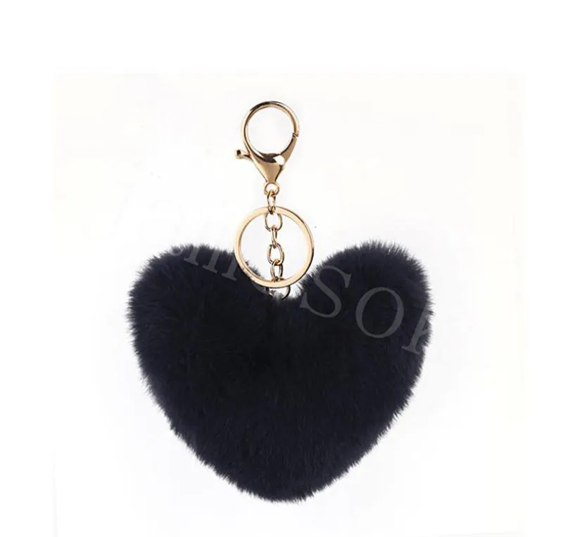 Mode skarvning hjärta boll pom pom nyckelchain fluffy faux kanin päls pompom nyckelchain kvinnor väska charms prydnad jul nyckeling db310