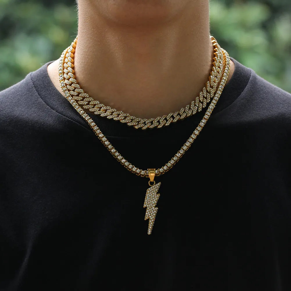 Nowy kolor 12 mm 2 linie kubańskie łańcuchy Link Naszyjnik moda biżuteria Hiphop Rhinstones lodowane naszyjniki dla mężczyzn Q1129270Y