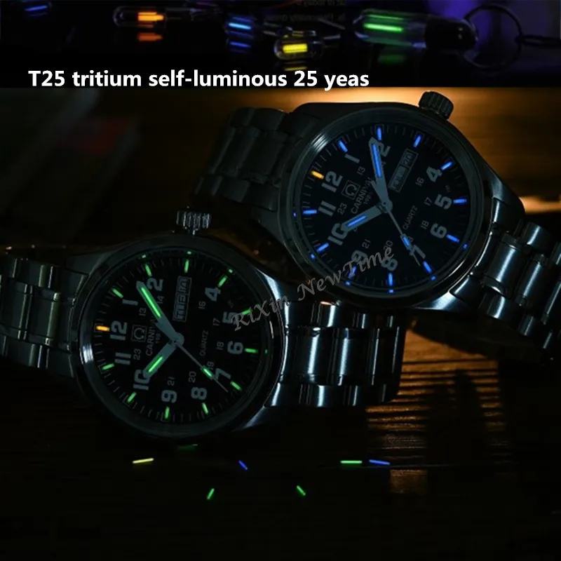 Carnival Tritium Light men Watch Quartz Double calendar Date Tritium Luminous Waterproof 200M Military diving Watches sapphire T20243x