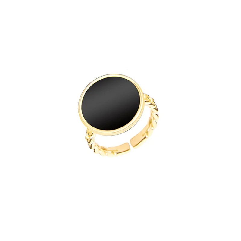 Peri039sbox corrente de ligação malaquita concha preta círculo anéis geométricos para mulheres anel de disco vintage de aço titânio ajustável3813005
