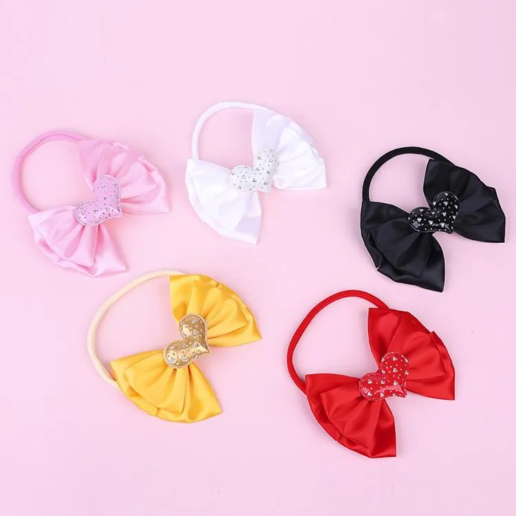 Novo bebê meninas bowknot headband crianças camadas duplas coração hairband crianças elástico bandanas head banda