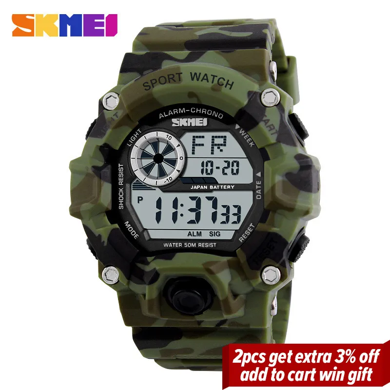 SKMEI Outdoor Sport Horloge Heren Wekker 5Bar Waterdichte Militaire Horloges LED Display THOCK Digitale Horloge reloj hombre 1019 20113250S