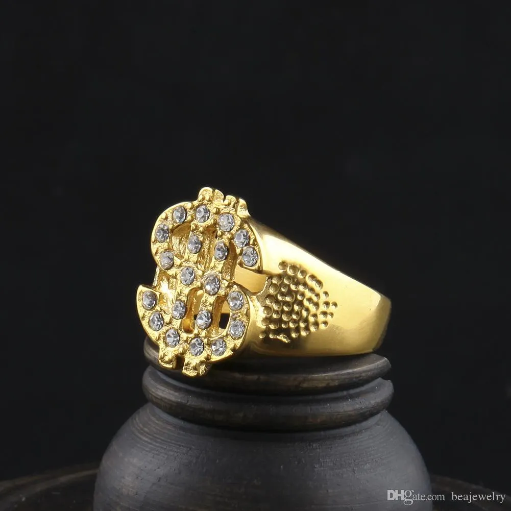 Hip Hop Simulated Diamond Dollar Charm Ring For Men Fashion Rock Style Stainless Steel Gold Plated Bling Bling $ Ring
