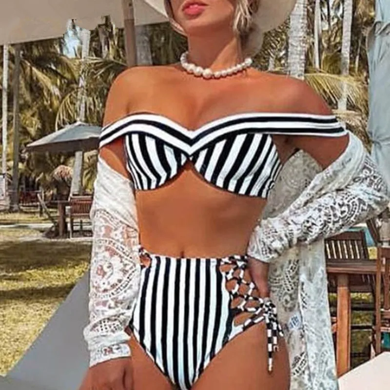 Sexy Striped Two Pieces Women Bikini Bra Sets Push Up Swimwear Bathers High Waist Beach Bikinis 2019 Explosion Bathing SuitX11223205